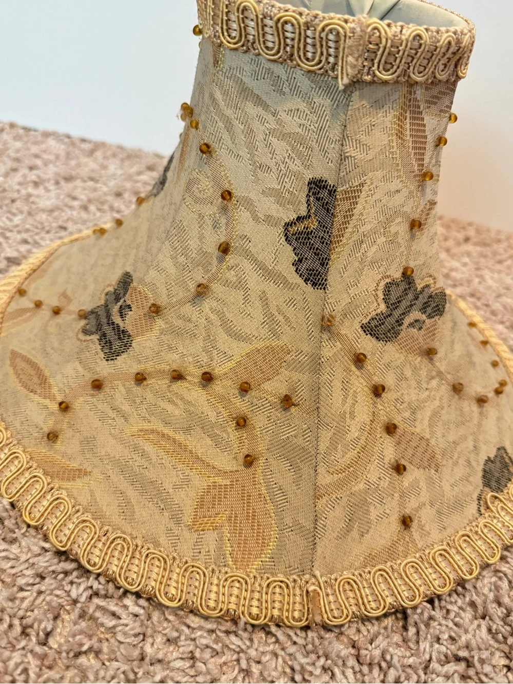 Vintage Bell lamp shade featuring an ornate design golden lace fabric beaded